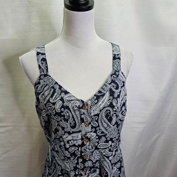 LOFT Blue Paisley Linen Blend Button Front Summer Dress Size 6 - Picture 6 of 11